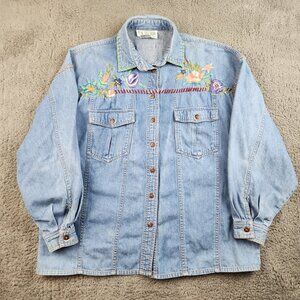 Vintage Denim Shirt Women’s Large Long Sleeves Button Front Floral Embroidered